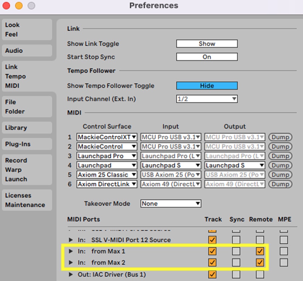 Selecting MIDI ports and enabling Remote in Ableton Live preferences